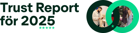A graphic with 'Trust Report 2025' written in a large font on the left, with an intertwining circle on the right. Each circle displays a photo of people browsing in stores. It also features the Trustpilot star.