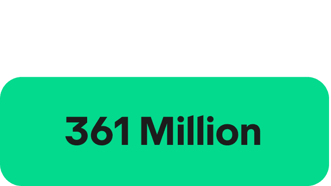 A green rectangle with rounded edges and the words '361 Million' written in a Black font in the centre